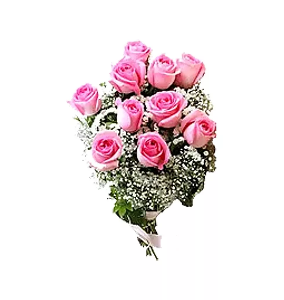 Exquisite Bouquet of 10 Romantic and Fabulously Adorable Pink Roses and Babys Breath Wrapped Sweetly in Pink and Red Ribbon