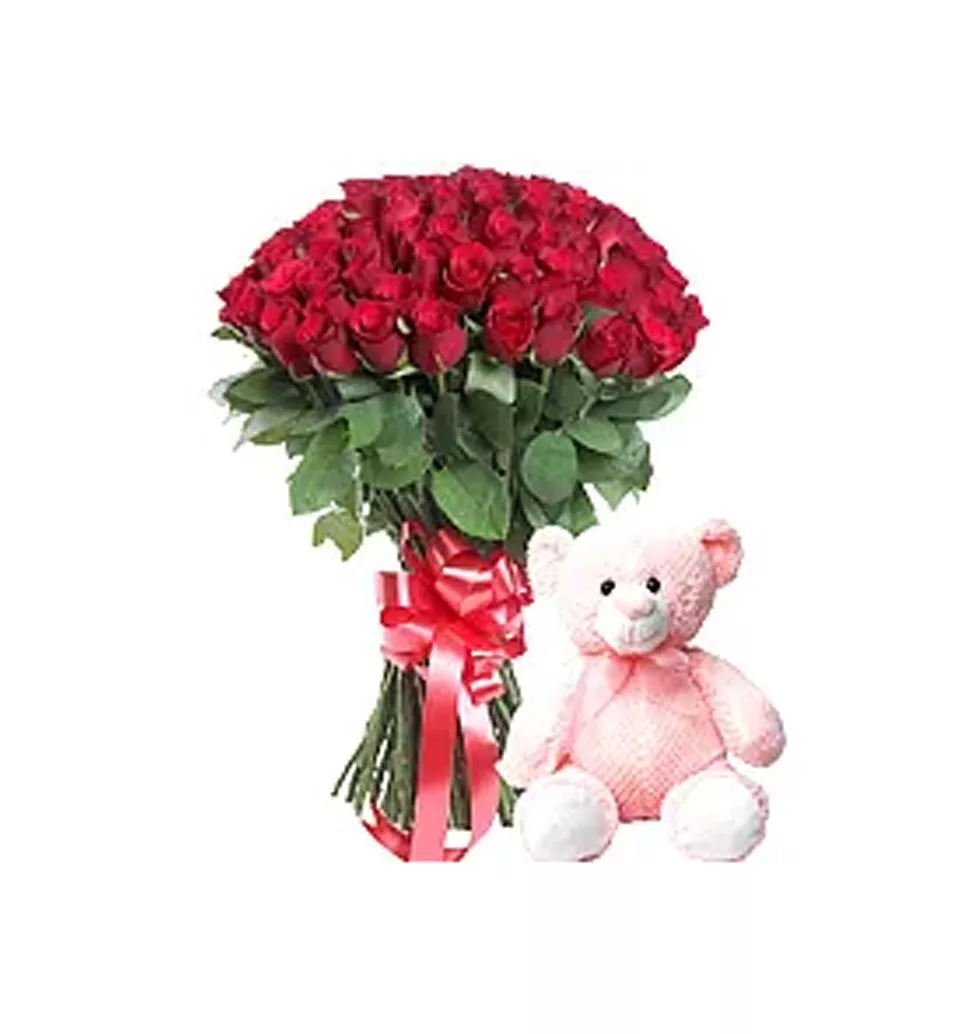 Lovely Bouquet of Red Roses with White Beauty and a Cute Teddy