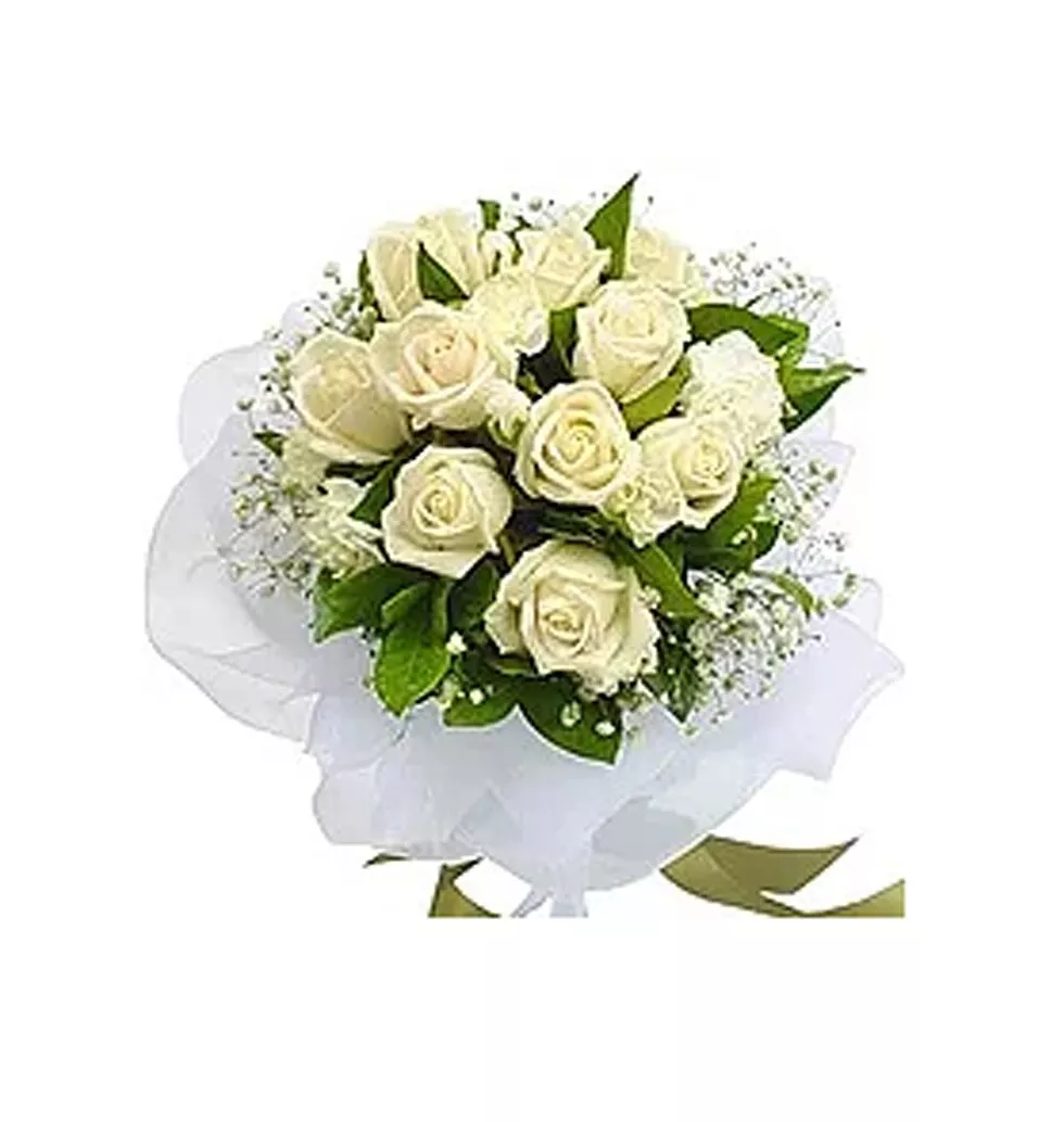 Charming 10 Fresh White Roses Bouquet with White Wrapping