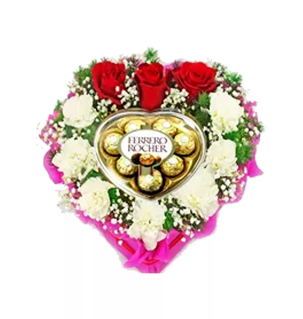 Glorious Heart Shaped Floral Arrangement with Box of Chocolates