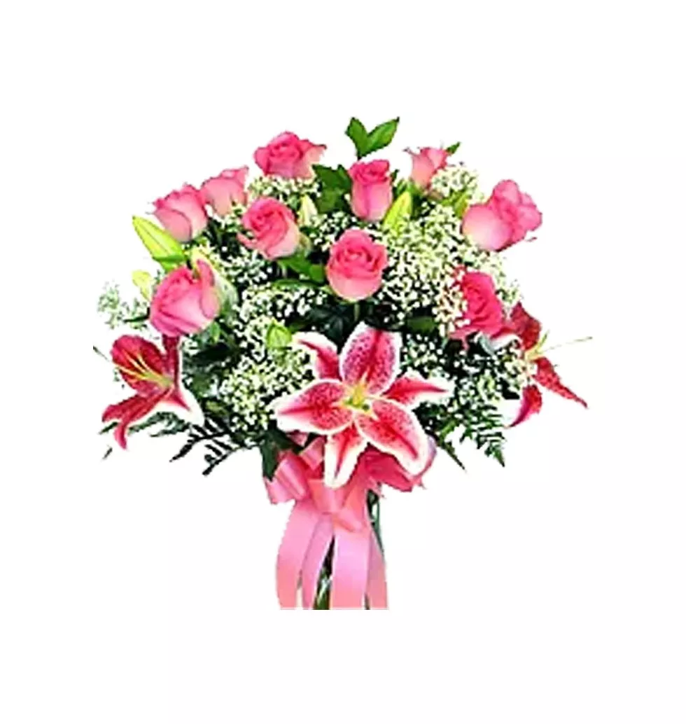 Clustered 10 Pink Roses and Lilies Bouquet
