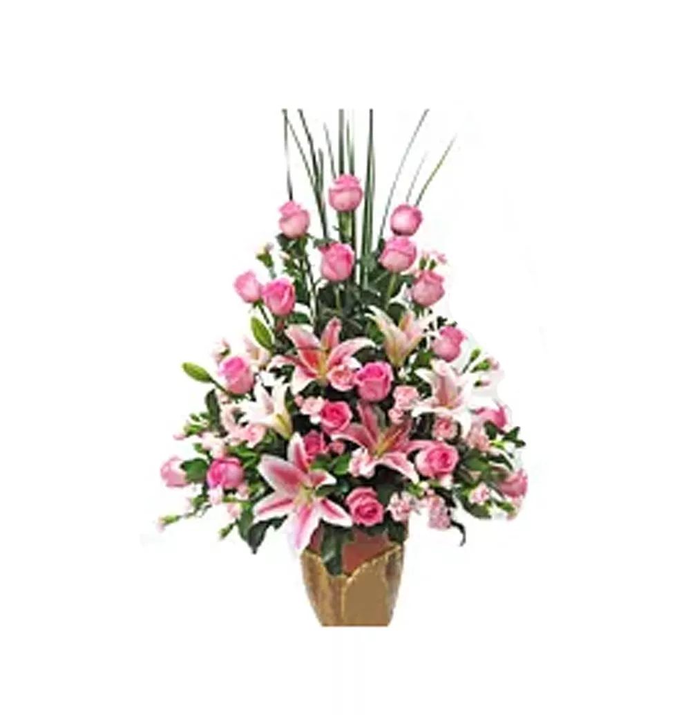 Stunning Dreamland Carnation of Multi-Shaded Roses with Vase