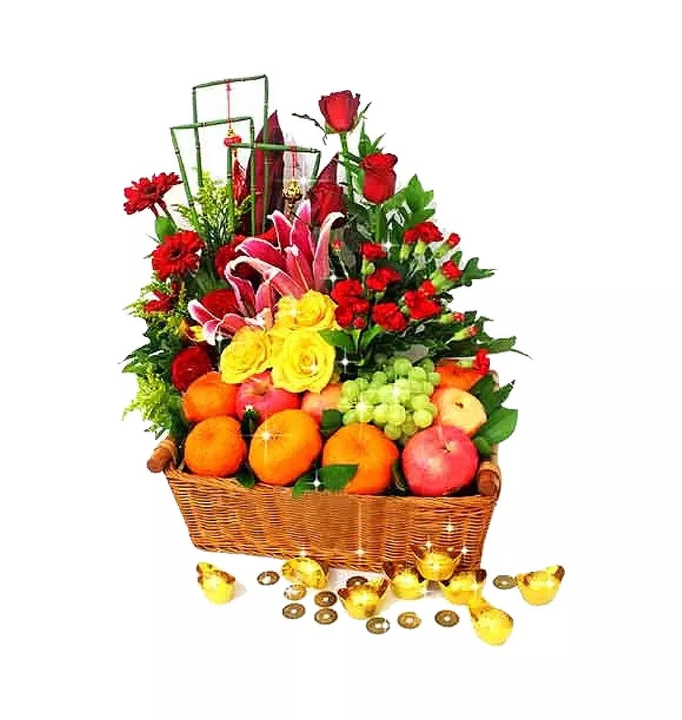 Classy Celebration Fruits Basket with Flower Arrangement