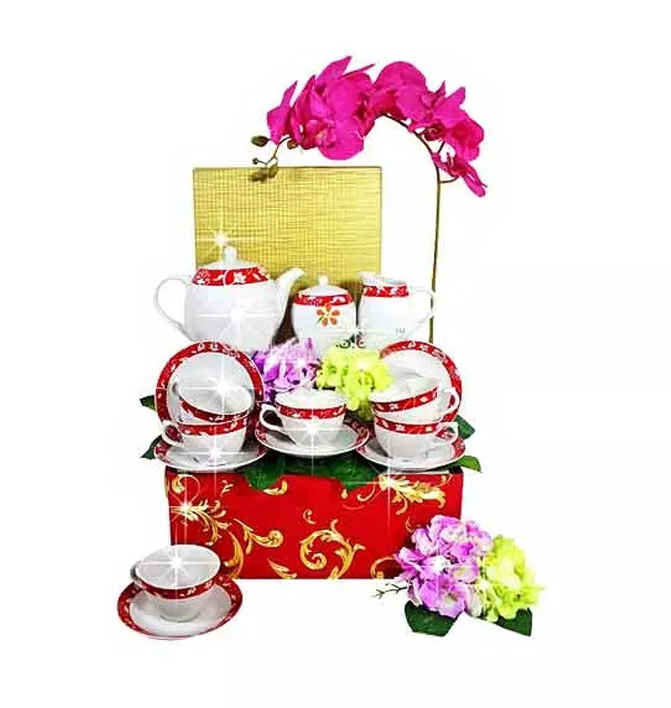 Exclusive Teapot N Cup Set with Artificial Orchids
