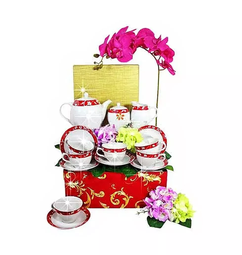 Exclusive Teapot N Cup Set with Artificial Orchids
