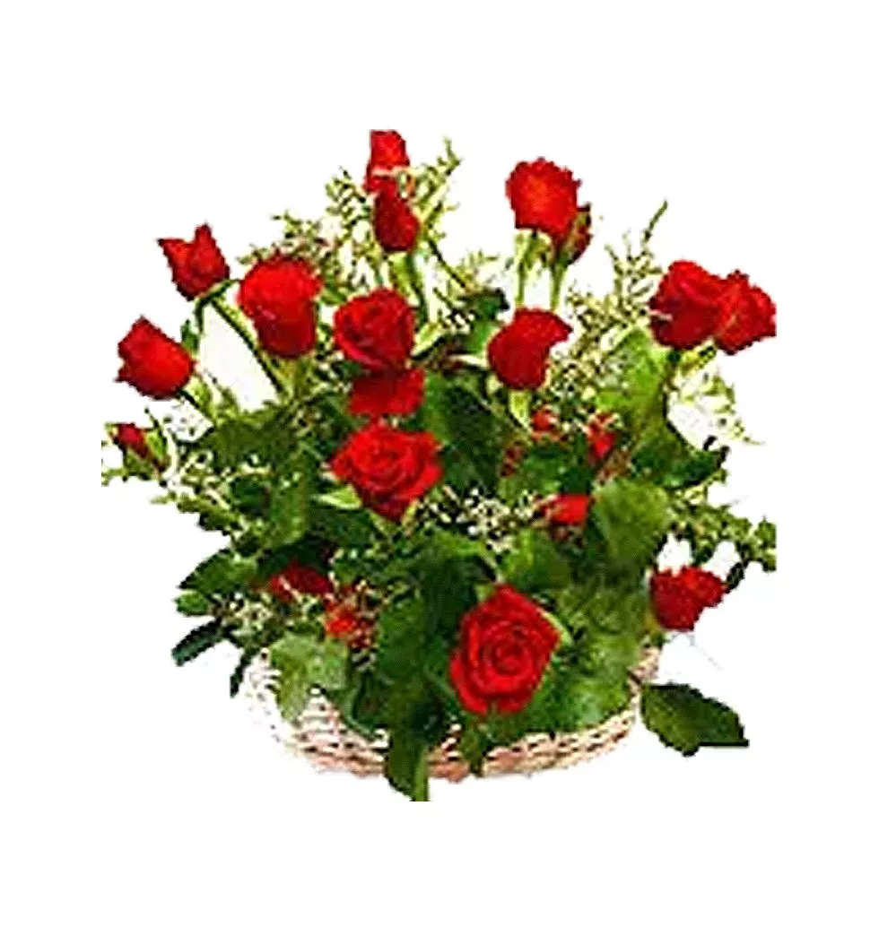 Sensational 18 Red Roses in Basket/Vase with heartful Wishes