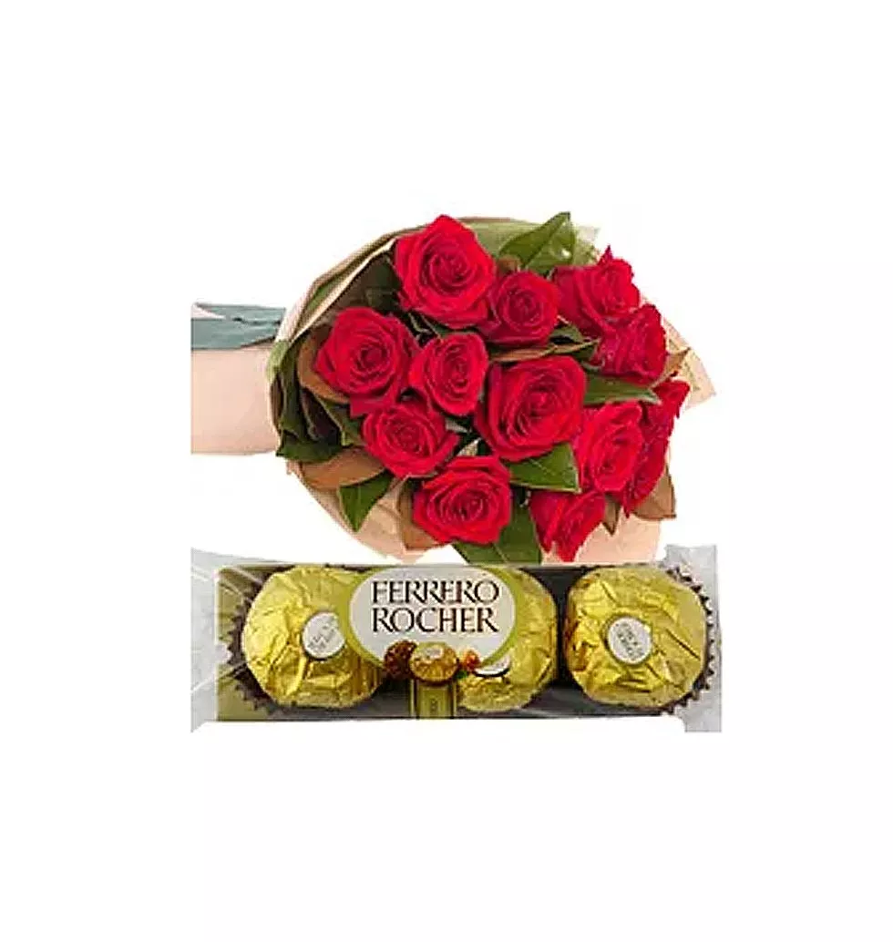 Captivating 12 Red Roses Bouquet with 3 Pcs. Ferrero Rocher