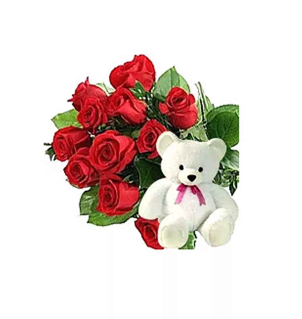 Attention-Getting 12 Red Roses Bouquet with 8” Teddy Bear
